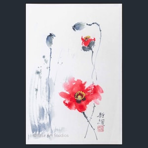 Red poppy flower - Hand-painted original artwork - Ink and Watercolour on Rice Paper - Japanese sumi-e painting