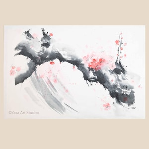 Dipinto originale di fiori di ciliegio / Inchiostro e acquerelli su carta di riso / Arte giapponese Suiboku-ga / Decorazione murale cinese