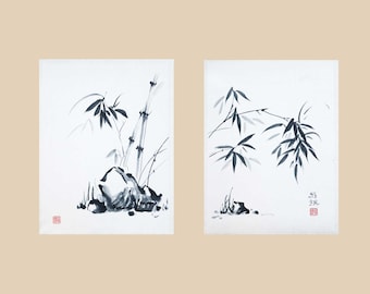 Bamboo and Rocks - Set of Two Original Paintings - Ink on Rice Paper - Japanese Sumi-e Artwork - Unframed Chinese Wall Art