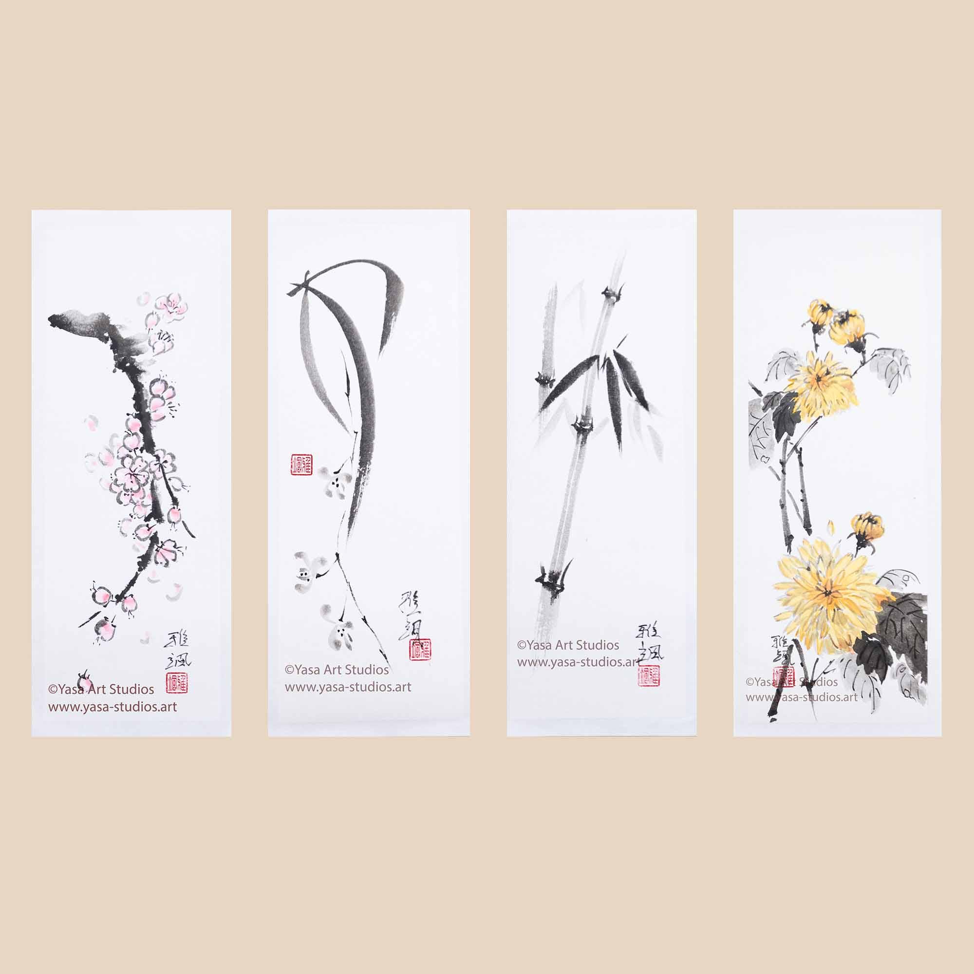 四君子図：オリジナル作品4点セット - 竹、梅、菊、蘭、墨絵 - Etsy 日本