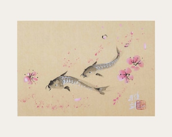Sakura Koi Original Painting - Ink and watercolour on rice paper - Japanese Cherry blossoms sumi-e artwork – Unframed Chinese Wall Decor