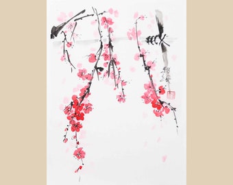 Vibrant cherry blossom branch, Original sumi-e painting, Ink and watercolours on rice paper, Unframed Japanese Art, Chinese artwork.