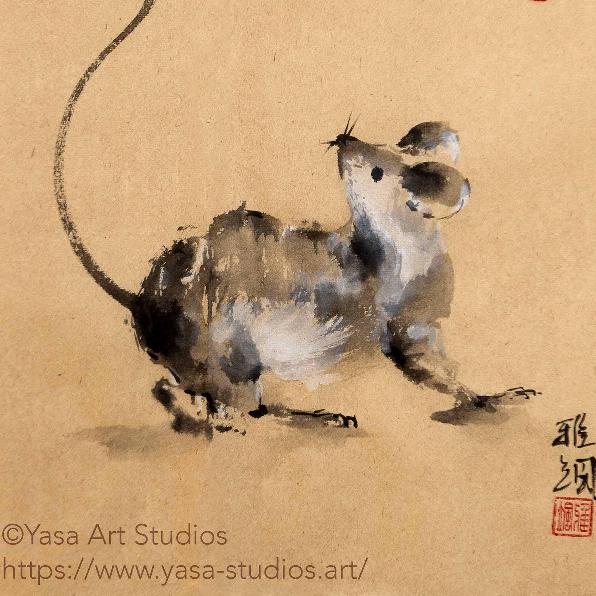 鼠の十二支墨絵：日本の水墨画、額なし - Etsy 日本