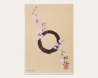 Small Sakura Enso Painting. Original Ink and Watercolour on Beige Rice Paper, Japanese Calligraphy, Cherry Blossoms Sumi-e Suibokuga Art.