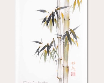 May include: Watercolor painting of bamboo stalks with green and yellow leaves. The artwork features a minimalist style with a white background. The artist's name, "Yasa Art Studios," is printed at the bottom.
