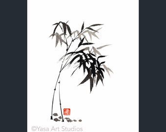 Bambutryck - Signerad poster av min egen originalmålning - Japansk sumi-e - Oinramad väggkonst