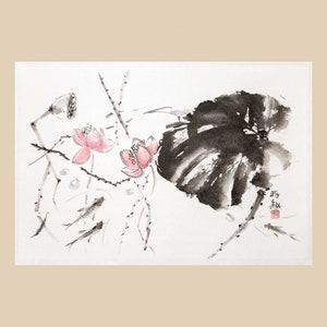 Dipinto originale di grande fiore di loto - inchiostro e acquerelli su carta di riso - arte giapponese Sumi-e - decorazione murale cinese senza cornice