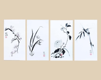 Vier Gentlemen Gemälde - Traditionelle chinesische Kunst - Set von vier originalen Kunstwerken - Bambus Pflaume Chrysantheme Orchideen Sumi-e