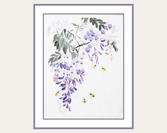 Elegant wisteria original painting – ink and watercolours on rice paper - Japanese sumi-e artwork, unframed summer wall art