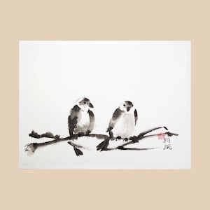Due passeri Dipinto originale - Inchiostro su carta di riso - Sumi-e giapponese - Arte murale cinese senza cornice