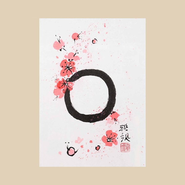 Colourful Cherry Blossom Enso. Original Ink and Watercolours on rice paper. Japanese Calligraphy – Sumi-E Artwork – Chinese Wall Art