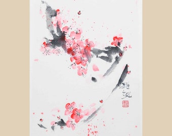 Cherry blossoms. Original ink and watercolours on rice paper. Japanese art. Chinese art. Sumie. Suibokuga. Unframed.