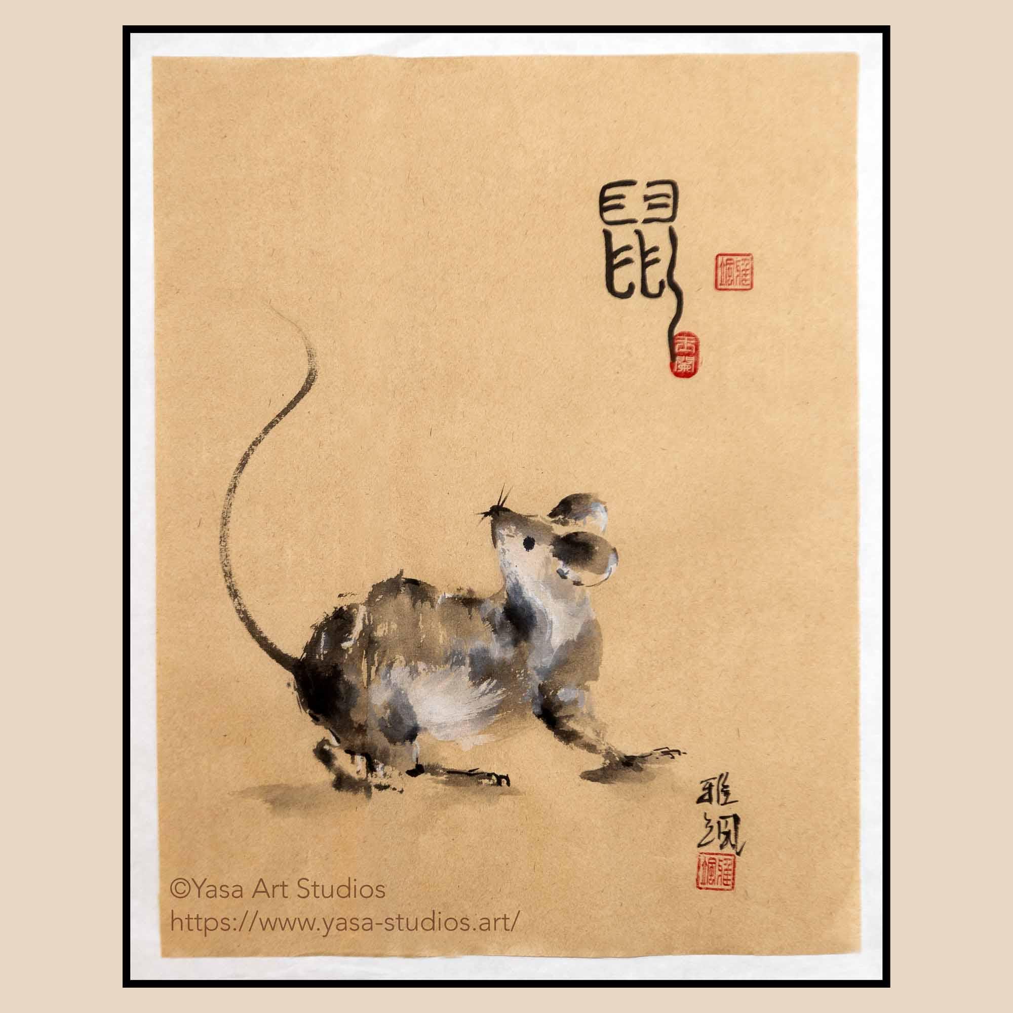 鼠の十二支墨絵：日本の水墨画、額なし - Etsy 日本