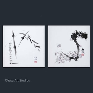 Bambus und Pflaumenblüte - Handgemaltes Set von zwei Original Gemälden - Tusche und Wasserfarbe auf Reispapier - japanische Kalligraphie Sumi-e