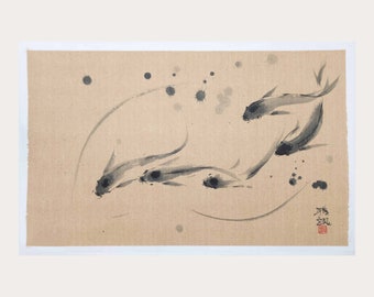 Koi Fish Painting - Ink on Beige Rice Paper - Original Japanese Style Artwork - Minimalist Sumi-e Wall Art
