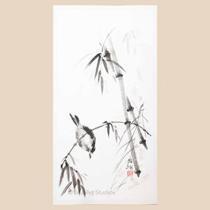 墨絵：竹林の鳥、日本の水墨画 - Etsy 日本