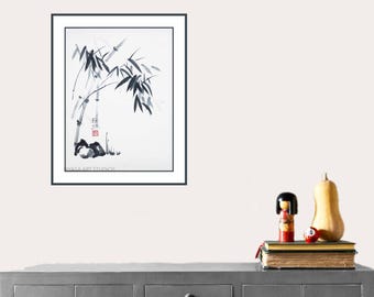 竹と岩：オリジナルの墨絵 - 和紙に墨 - 額なし - Etsy 日本