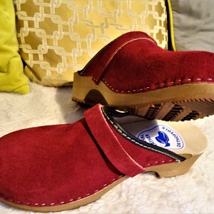 Wide D / BORDEAUX RED Leather SUEDE Swedish style clogs classic wood  Swedish natural leather Gift: for Mom Mother's Day Birthday, Christmas