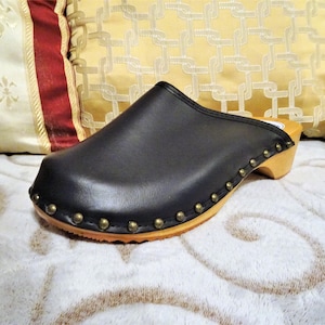 Size EU 43 EU 44 Black on the Studded wood natural sole Swedish style handmade Decotative Studs Clogs wooden LeatherUnisex Made in Poland K2