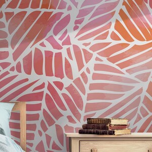 Leaf Pink and Orange Hues Wallpaper - Self Adhesive Wall Mural - Palm Tropical Living BV250