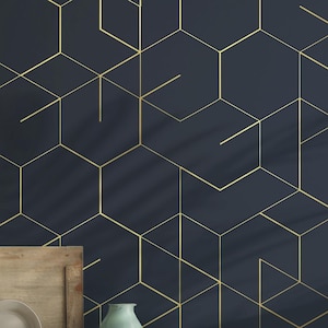 Blue Gold Modern Wallpaper - Peel and Stick Wall Mural - Navy Luxurious Geometric Accent BV263