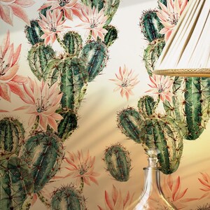 Cactus and Pink Flower Wallpaper: Watercolor Green, Peel and Stick BV083