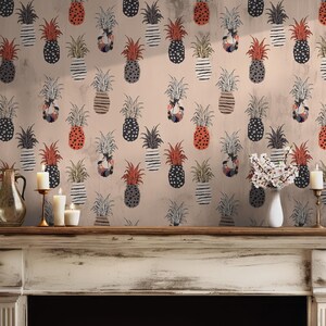Pineapple Boho Wallpaper - Self Adhesive Peel and Stick - Fruit Playful Summer Abstract Pattern BV282