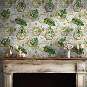 Luxury Green Botanical Self-Adhesive Wallpaper with Gold Geometric Design BV137