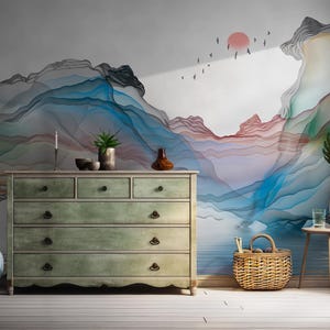 Pastel Ombre Mountainscape Wallpaper: Abstract Alcohol Ink Peel and Stick Mural  BV160