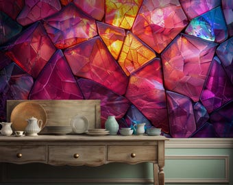 Glass Crystal Texture Wallpaper - Peel and Stick Wall Mural - Rainbow Mosaic Colors BV196
