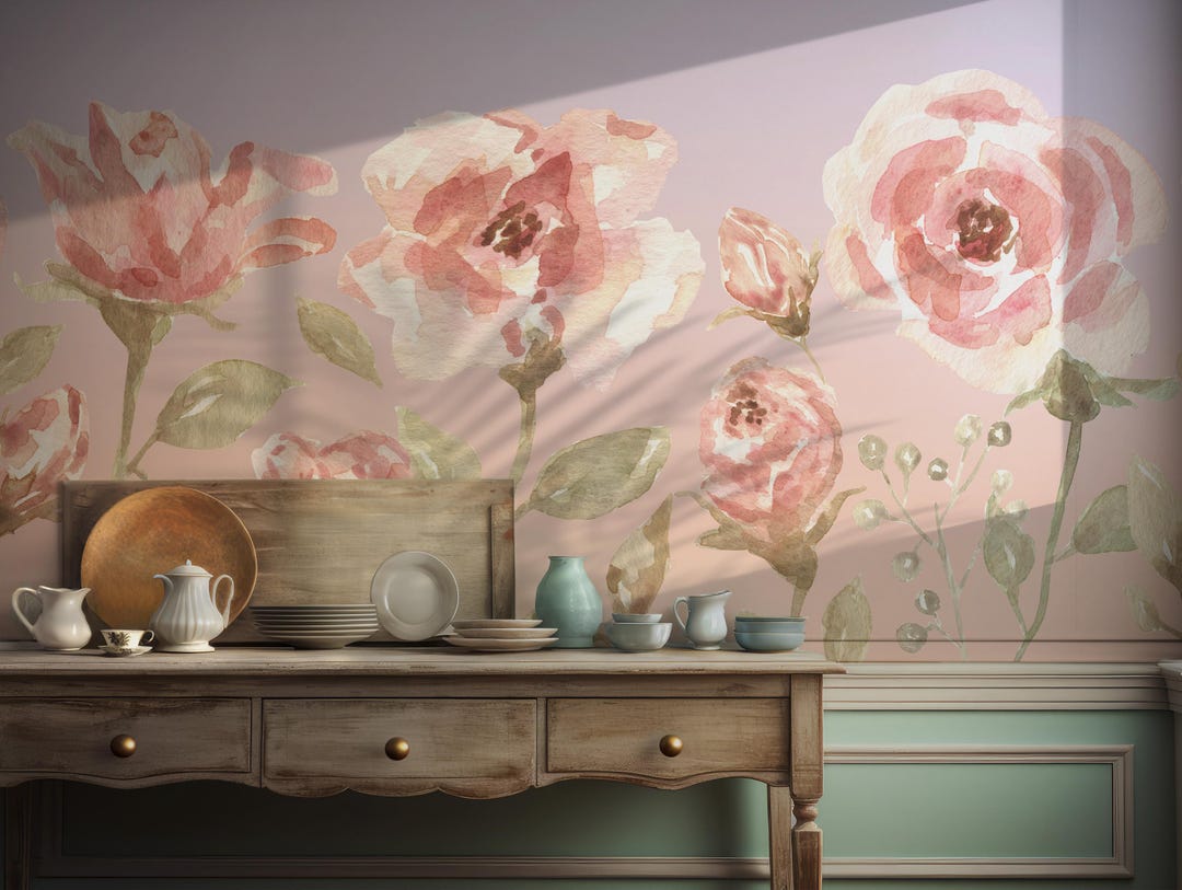 Mural Watercolor Pink Floral Wallpaper for Elegant Home Decor Bv294 - Etsy