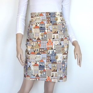 Handmade Cat City Print Pencil Skirt: Cotton Urban Style