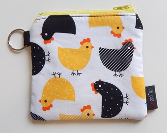 Chicken Coin Purse – Handmade Cotton Pouch with Colorful Chicken Print, Farm Animal Gift, Small Zipper Bag for Essentials