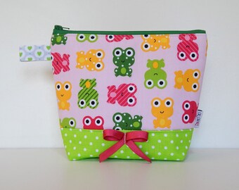 Frosch-Mäppchen: Grün & Pink handgemachte Make-up-Tasche aus Baumwolle