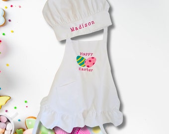 Personalized Happy Easter Egg Embroidered Child's Ruffle Apron and Chef's Hat