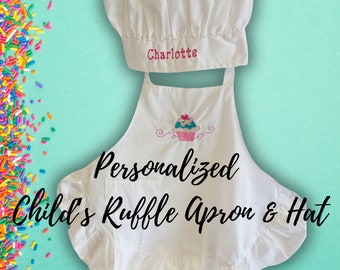 Personalized Embroidered Child's Ruffle Apron with Cupcake and Chef's Hat