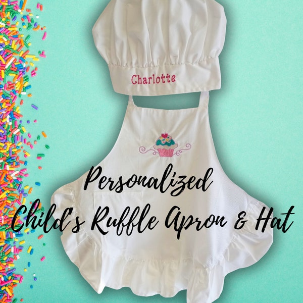 Personalized Embroidered Child's Ruffle Apron with Cupcake and Chef's Hat