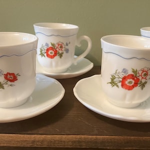 Vintage Arcopal France Paradise Milk Glass Floral Teacup and Saucer Set of 6