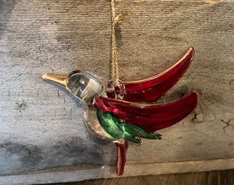 Vintage Red and Green Glass Hummingbird 2” Window Charm Ornament