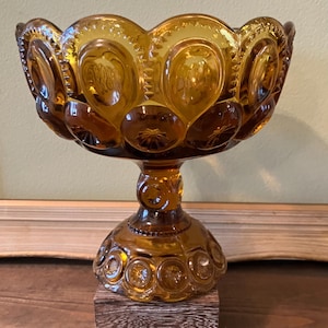 Vintage Moon and Stars LE Smith Amber Depression Glass Pedestal Compote Bowl