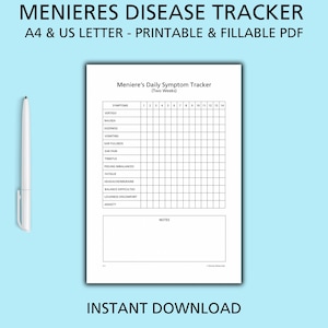Menieres Disease Symptom Tracker, A4/US Letter, Printable PDF, Fillable Form, Health Organisation, PDF Planner