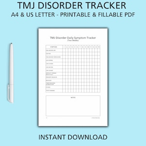 TMJ Disorder Printable pdf, TMD Syndrome Symptom Tracker, Fillable A4 US Letter, Health Log, Symptom Diary Download