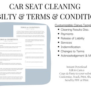 May include: A white document titled "Terms & Conditions" with black text, detailing car seat cleaning liability. The image includes a list of topics such as payments and services, and the text "Made in Canva".