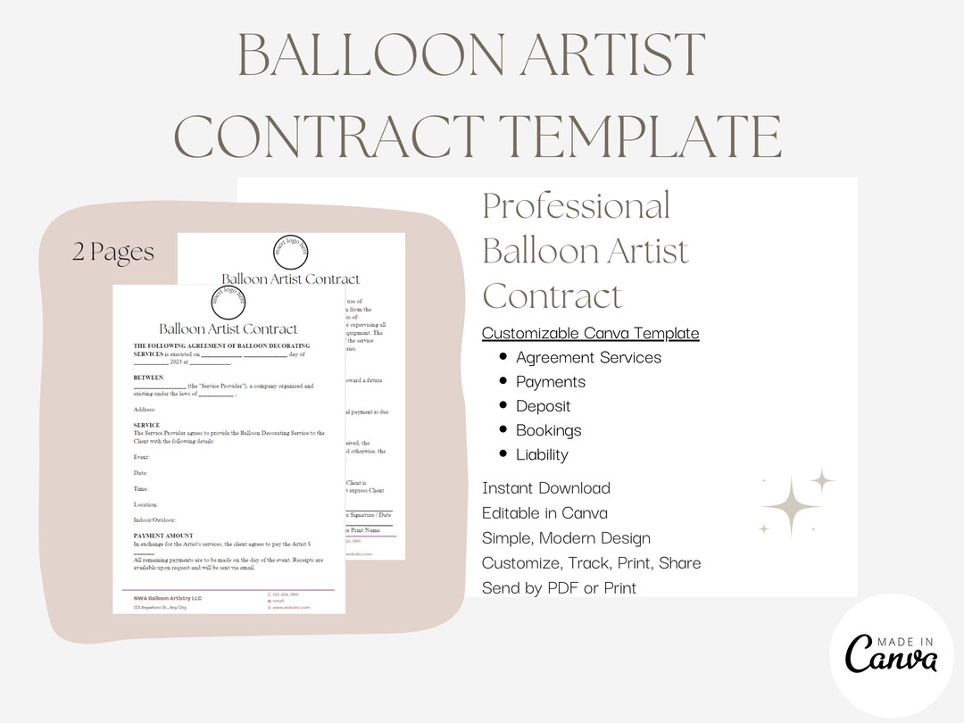 Balloon Artist Contract Template / Balloon Business Contract Etsy