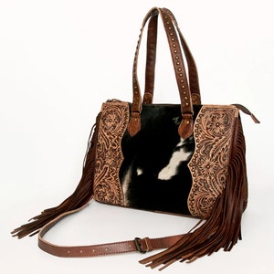 Western Purse, Concealed Carry Purse, Hair on Hide Shoulder Bag, Tooled Leather Crossbody Purse, Western Tote Bag