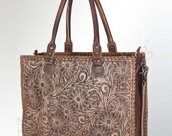 Hand Tooled Leather Western Tote Bag, Floral Print
