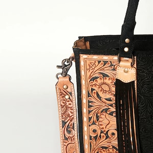 Hand Tooled Leather Handbag Western Style Design Premium Cowhide Construction Floral Pattern Detail Fringe Accent Feature Concealed Carry Compartment Removable Shoulder Strap Country Fashion Statement Practical Storage Solution Rodeo Ready