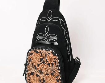 Suede Leather Sling Bag, Hand-Tooled Floral Western Purse