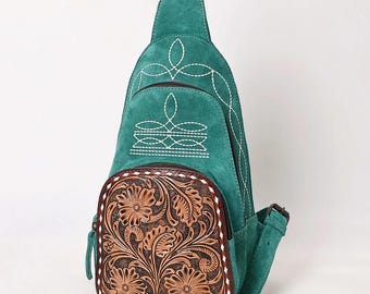 Turquoise Suede Sling Bag, Hand-Tooled Leather, Western Purse