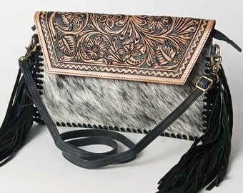 Hand Tooled Leather Cowhide Crossbody Purse with Fringe